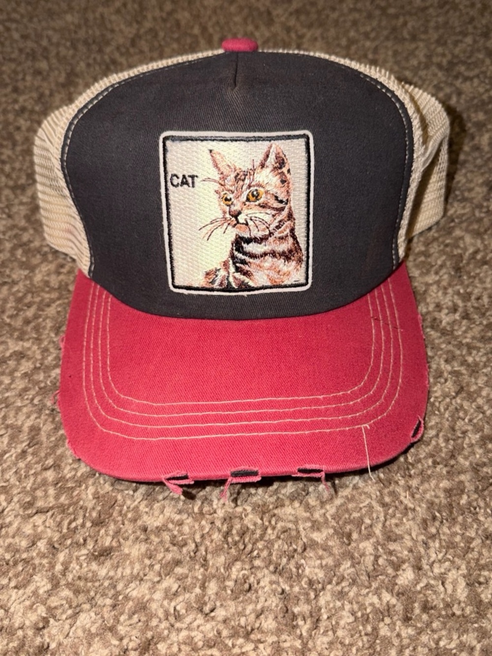 Distressed Cat Patch Trucker Hat in Black and Red